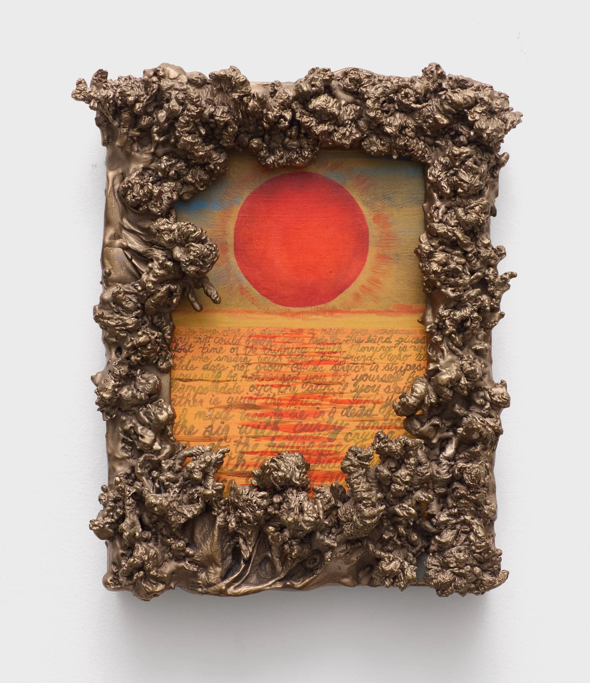 Oil painting of a red sun with incantations scrawled in the water below it. The painting is framed with lost wax cast bronze.