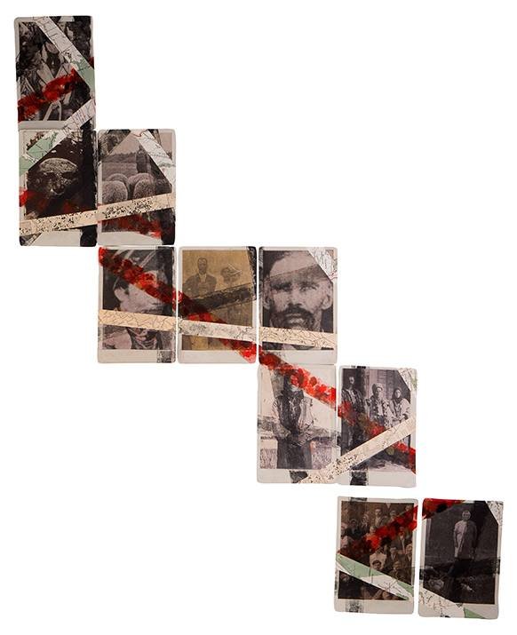 Two archival potographic portraits of a man and woman. On top of the images are fragments of maps and coloured fingerprints.