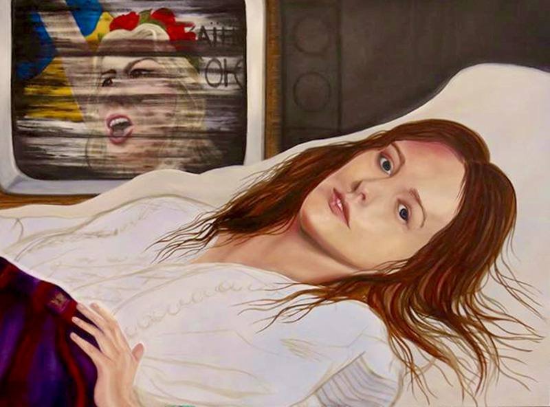 Matryoshka dolls are pulled apart and left scattered on a window sill. Out the window are prairie field fires.