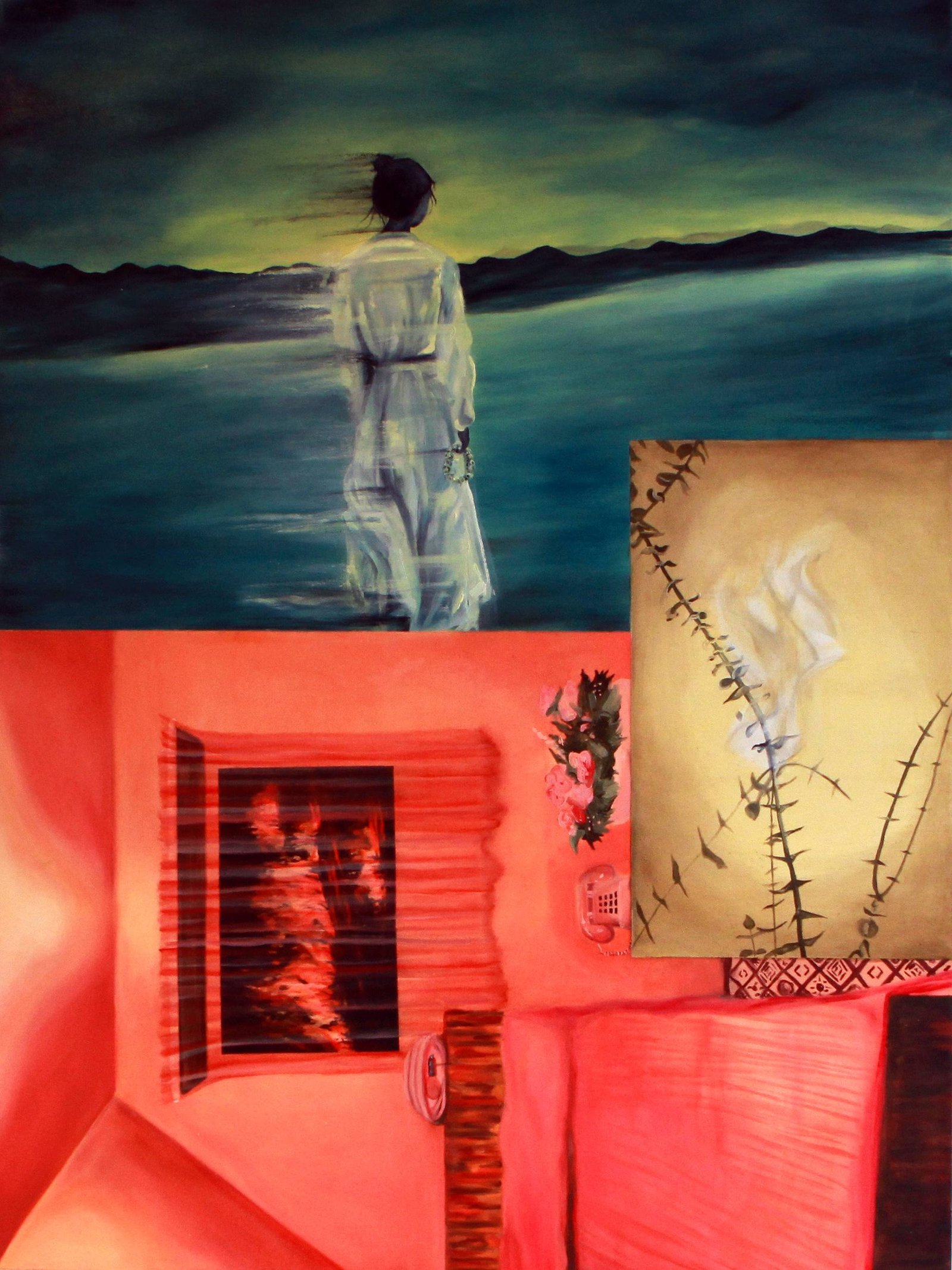 A collaged oil painting, the images are oriented in varying directions. It depicts a set of hands clasping red spotted flowers, a single lit white candle, a woman looking out onto a highway through veiled transparent curatins and a young girl at the table while her mother works in the kitcen behind her.